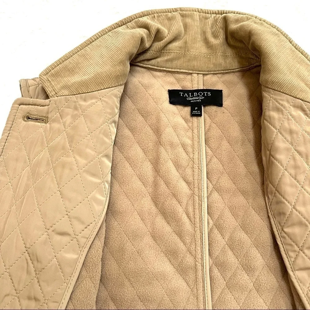 Talbots Diamond Quilted Fleece Lined Tan Vest Corduroy Detail Size, Petite Small
